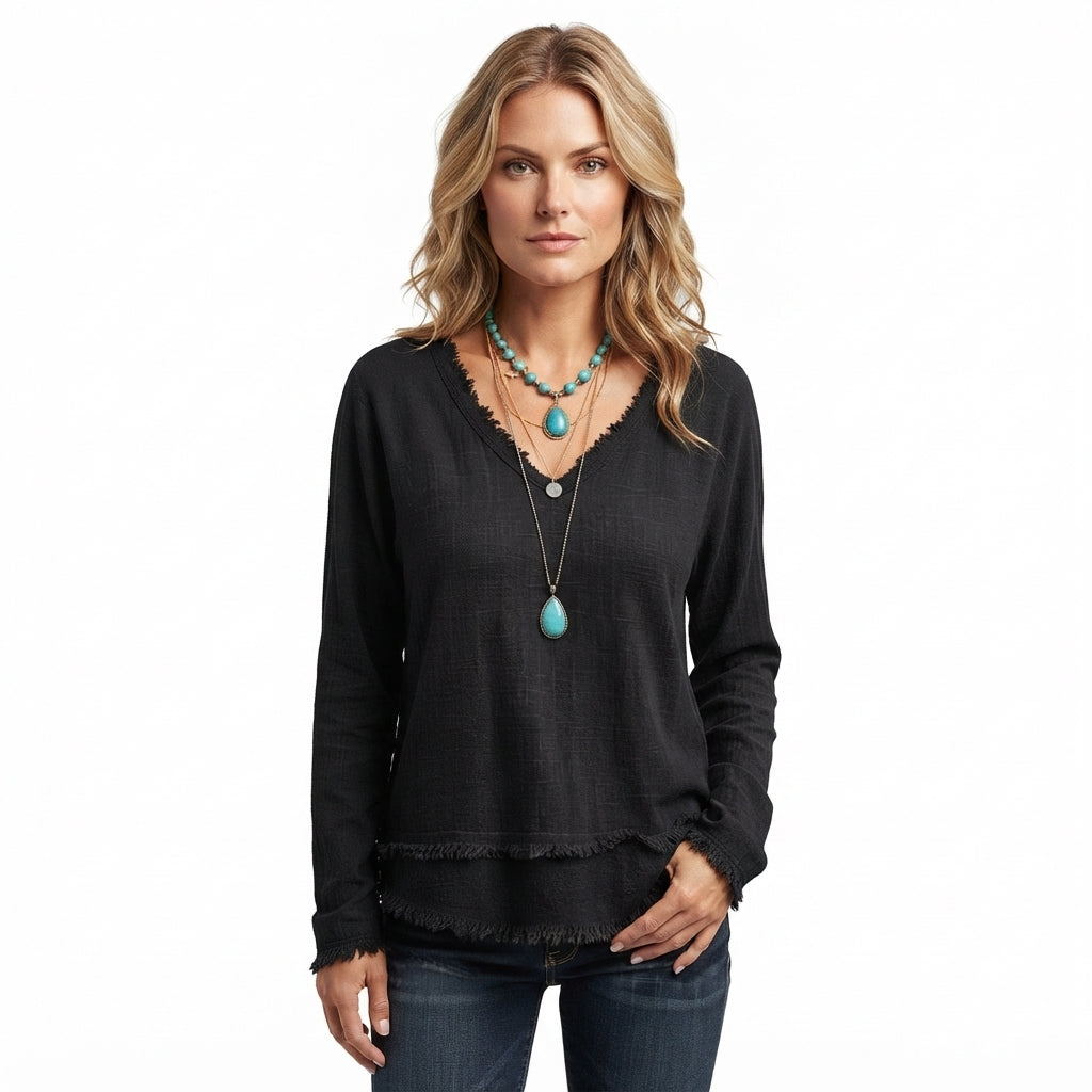 Margot Ainsley | Frayed V-Neck Long Sleeve Top