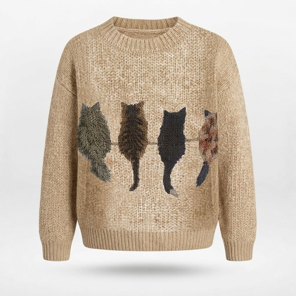 Matilda Green | Cat Print Crew Neck Knit Sweater