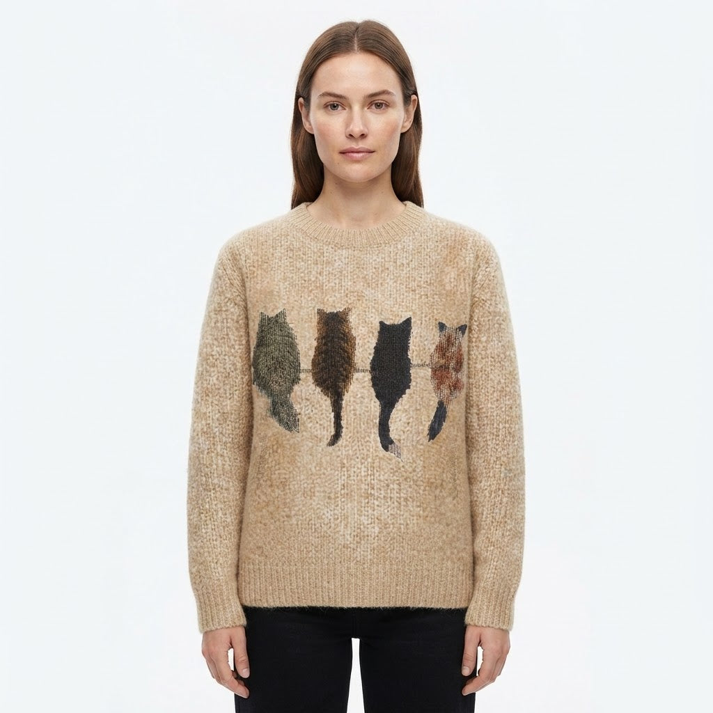 Matilda Green | Cat Print Crew Neck Knit Sweater