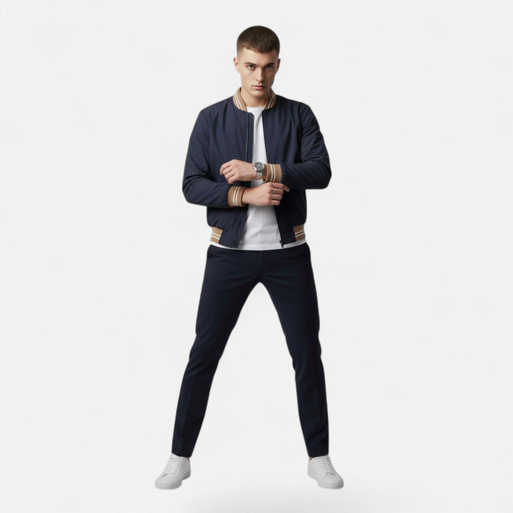 Marcus Wetherby | Stand-Collar Mens Jacket with Stripe Trim