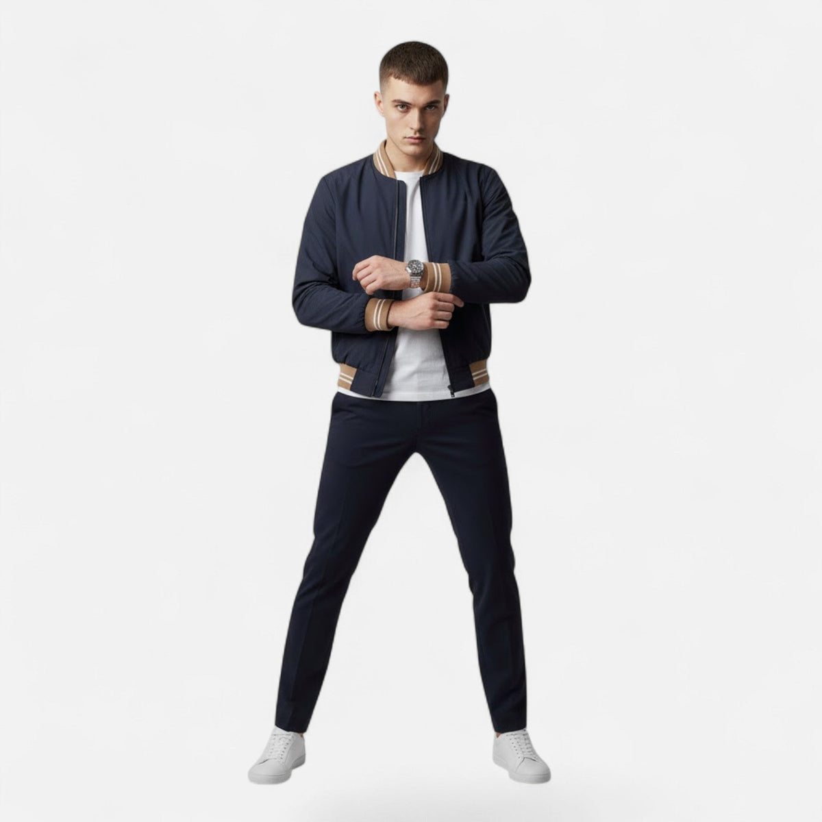 Marcus Wetherby | Stand-Collar Mens Jacket with Stripe Trim