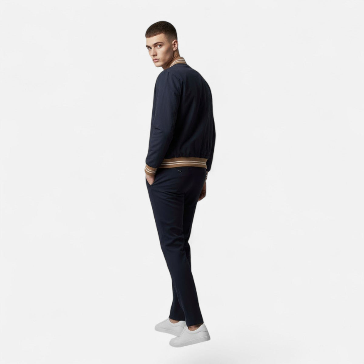 Marcus Wetherby | Stand-Collar Mens Jacket with Stripe Trim