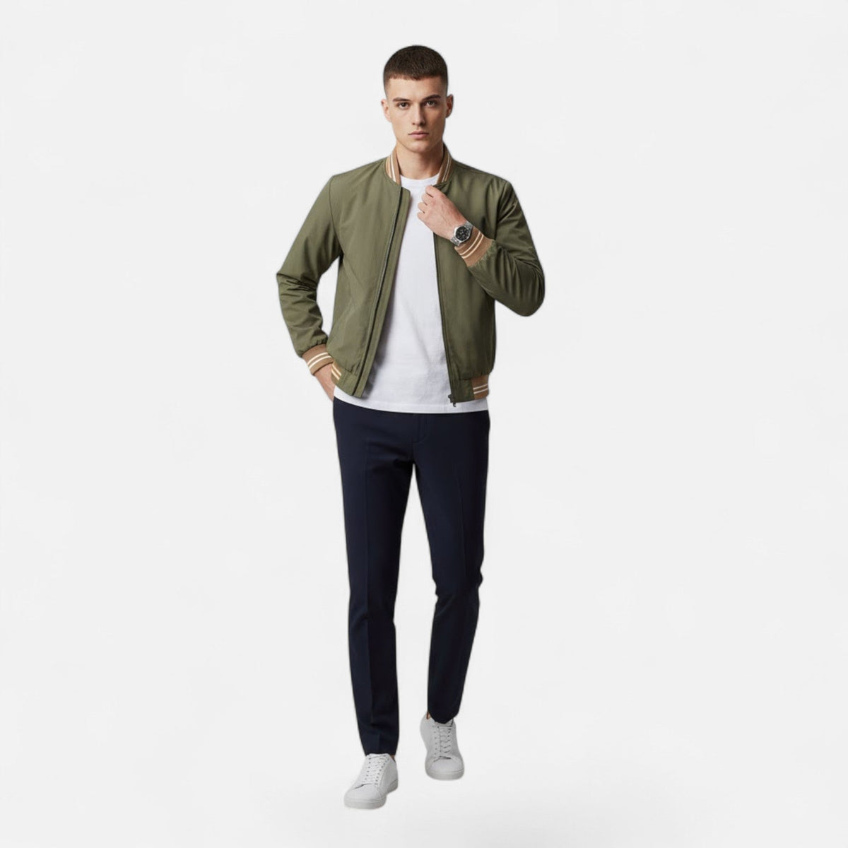 Marcus Wetherby | Stand-Collar Mens Jacket with Stripe Trim