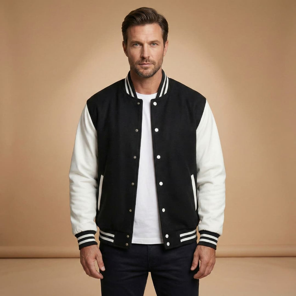 Rhys Sutton | Varsity Mens Jacket With Contrast Leather Sleeves