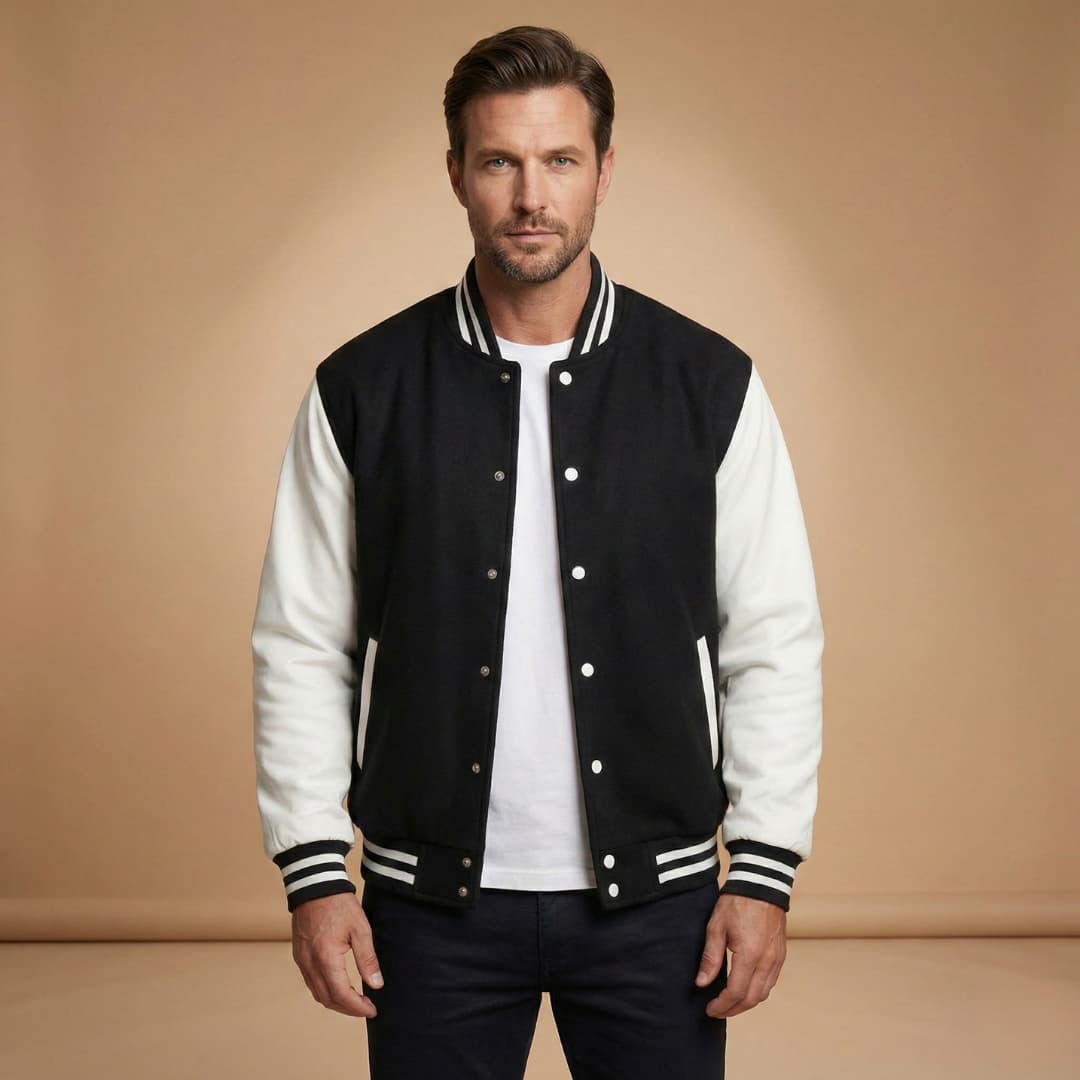 Rhys Sutton | Varsity Mens Jacket With Contrast Leather Sleeves