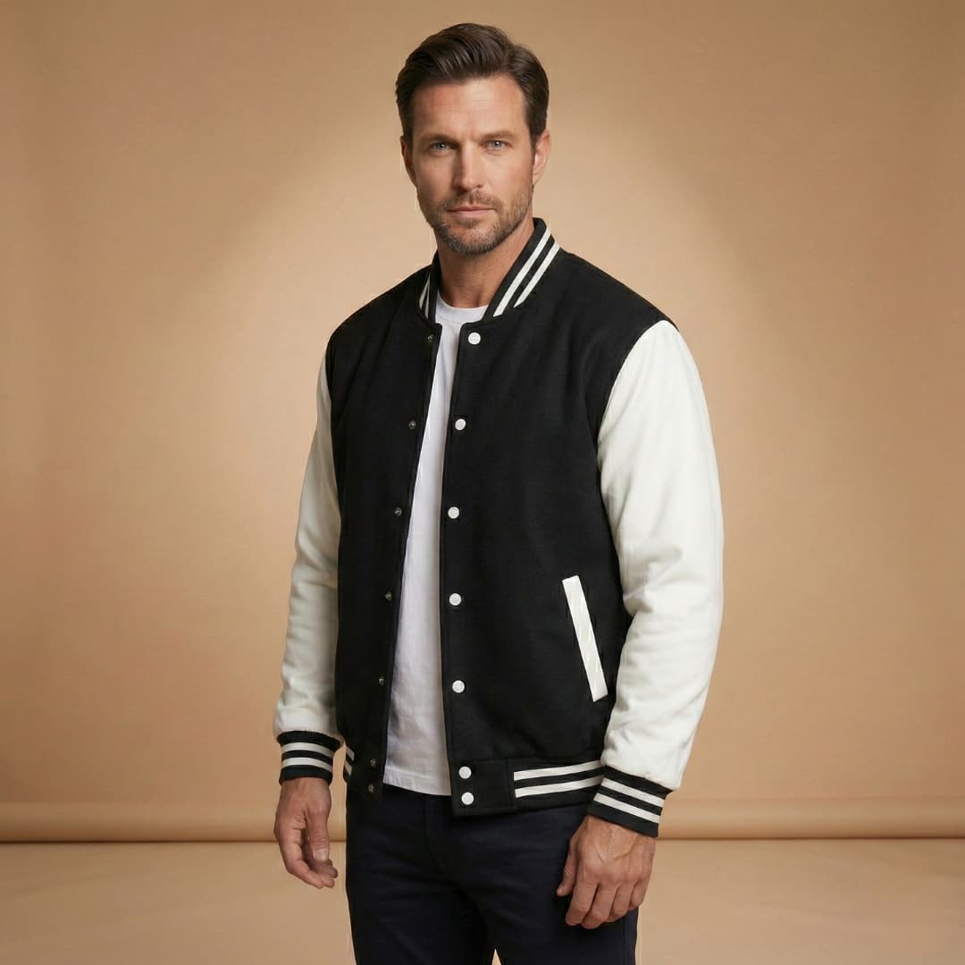 Rhys Sutton | Varsity Mens Jacket With Contrast Leather Sleeves