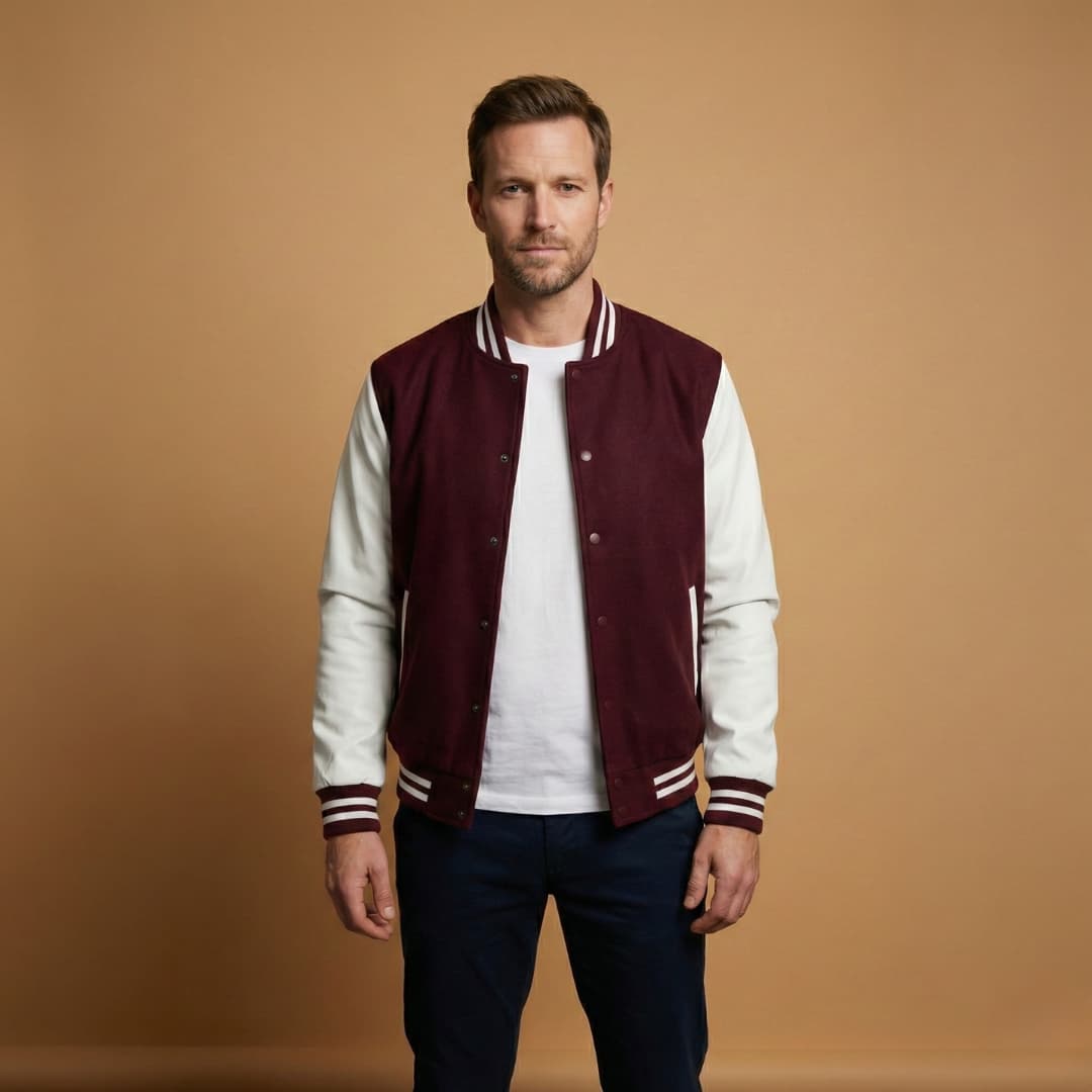 Rhys Sutton | Varsity Mens Jacket With Contrast Leather Sleeves