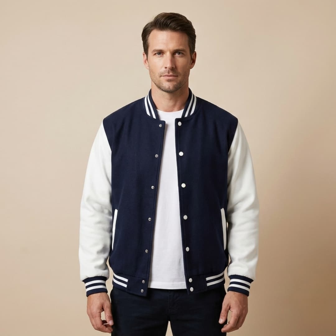 Rhys Sutton | Varsity Mens Jacket With Contrast Leather Sleeves