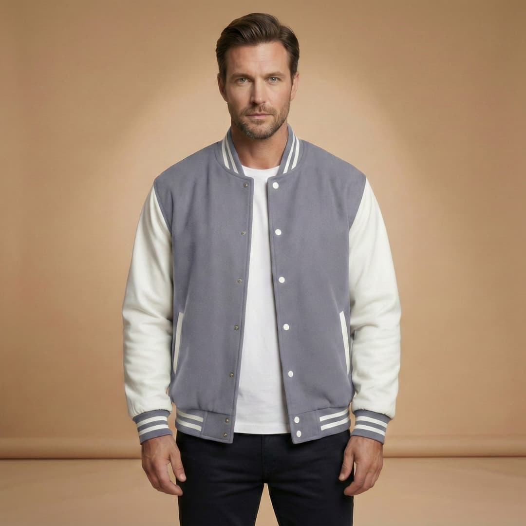 Rhys Sutton | Varsity Mens Jacket With Contrast Leather Sleeves