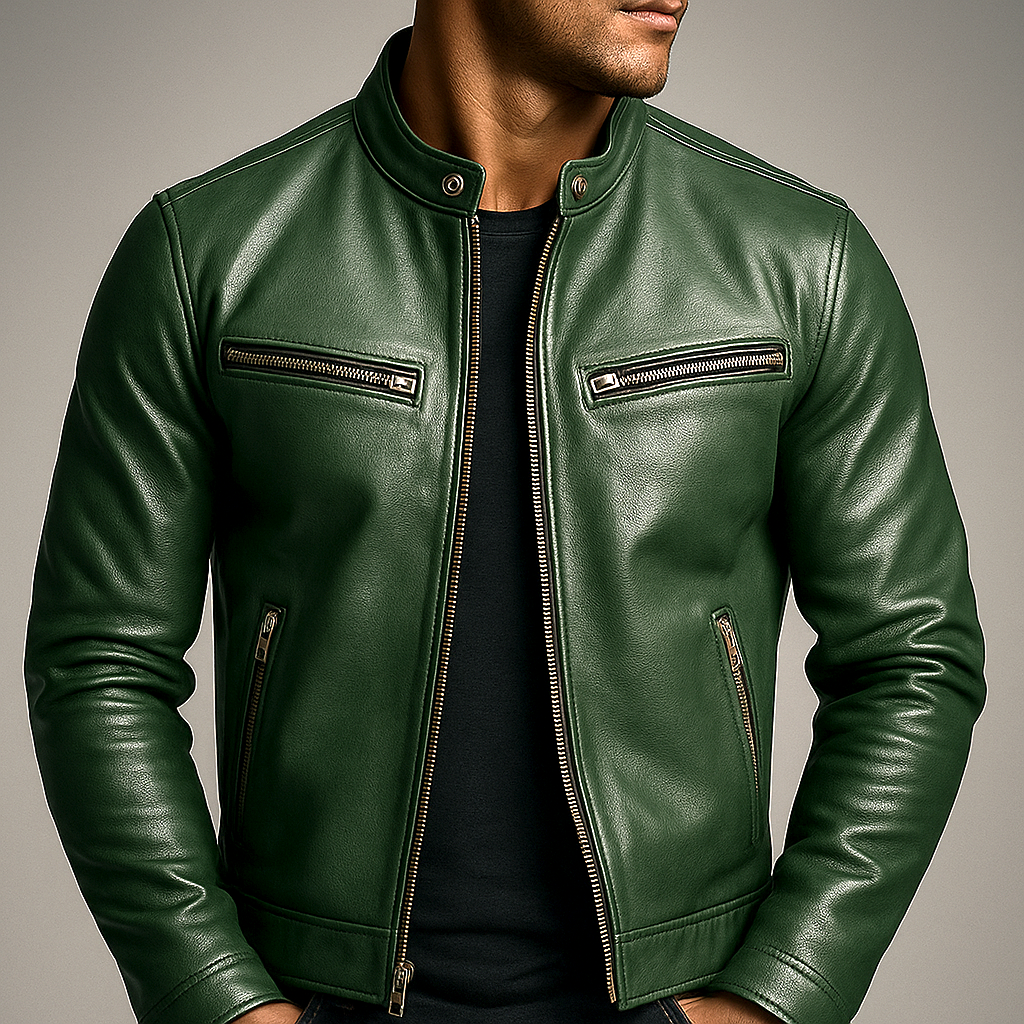 Leonard Wainwright | Green Leather Jacket with Zip Pockets