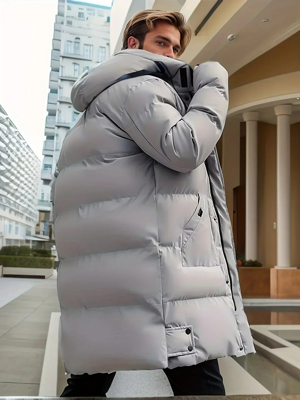 Finlay Winstanley | Grey Quilted Mens Coat With Hood
