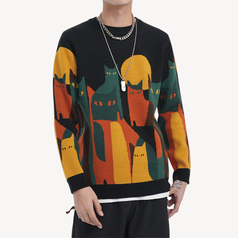 Ellis Fairbanks | Vintage Cat Print Sweater With Ribbed Trim