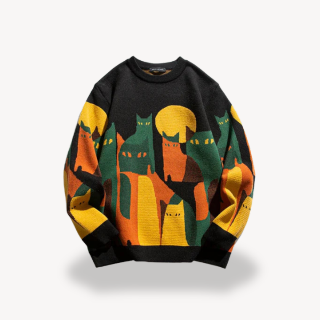Ellis Fairbanks | Vintage Cat Print Sweater With Ribbed Trim