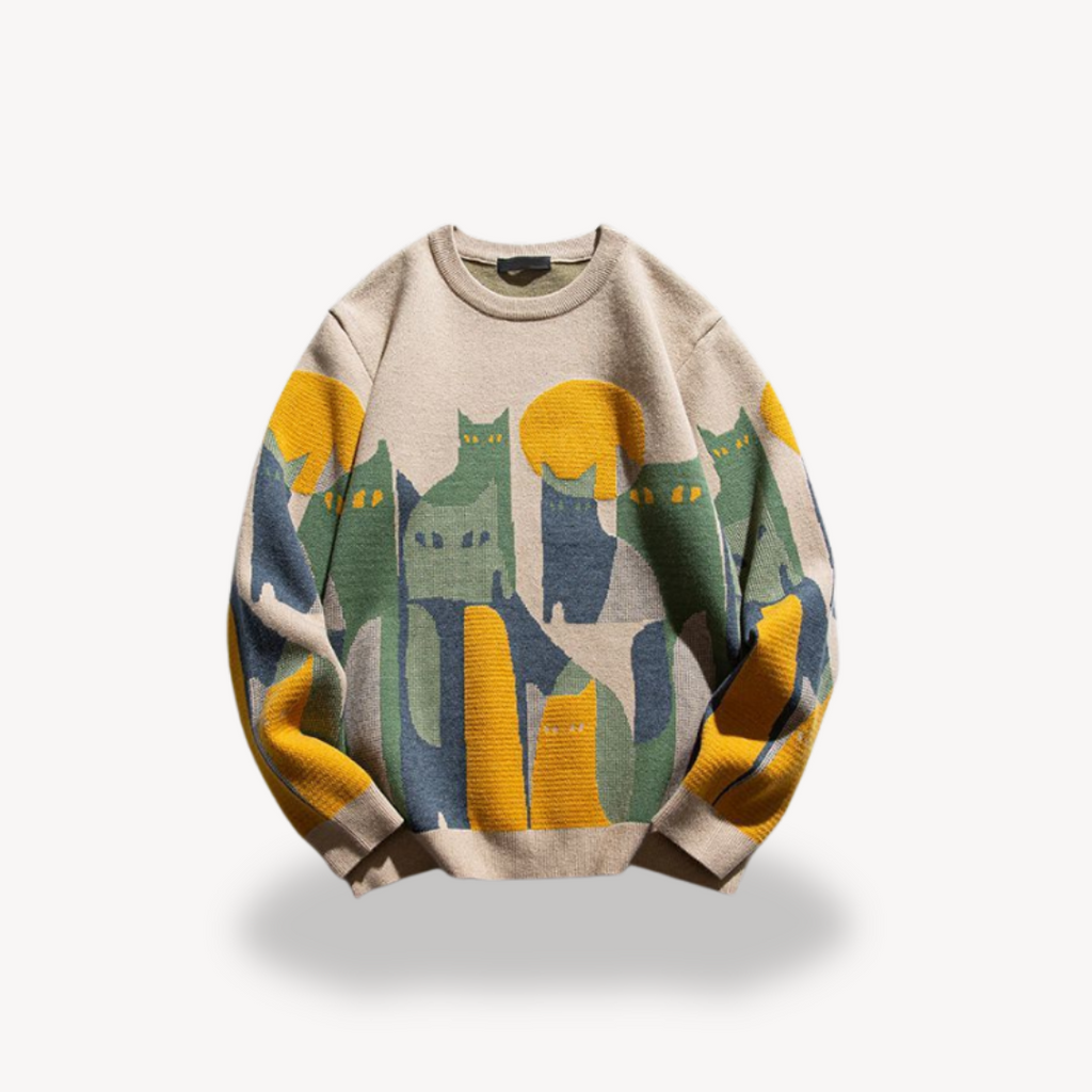 Ellis Fairbanks | Vintage Cat Print Sweater With Ribbed Trim