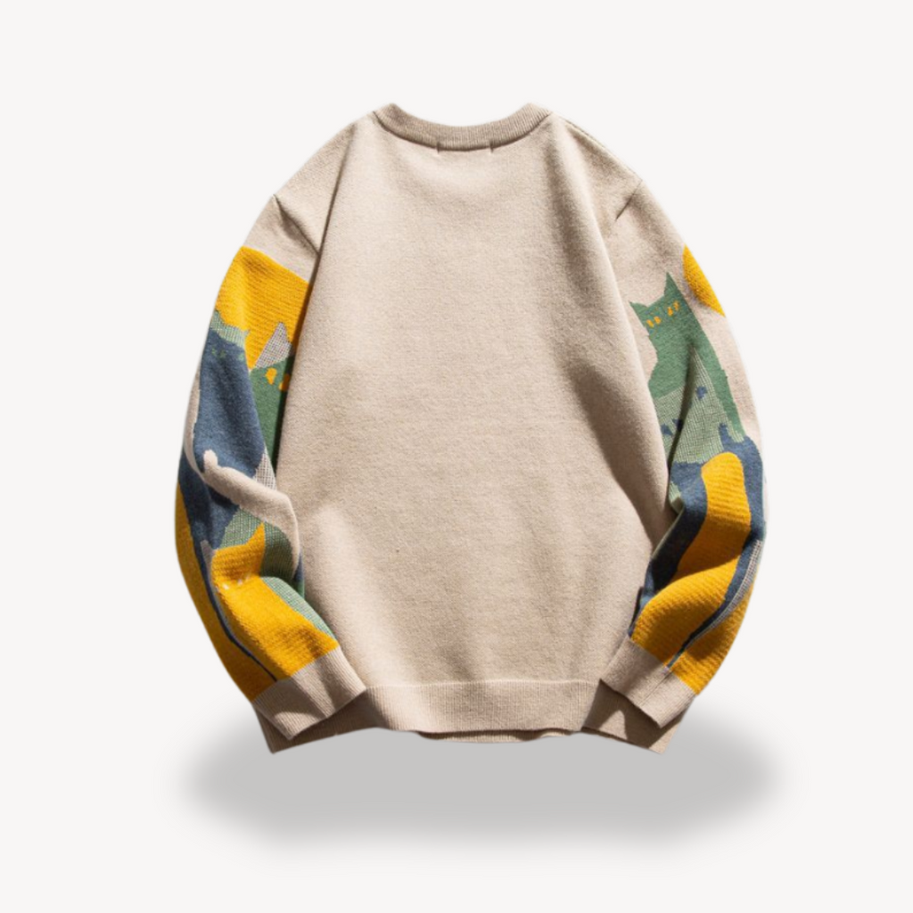 Ellis Fairbanks | Vintage Cat Print Sweater With Ribbed Trim