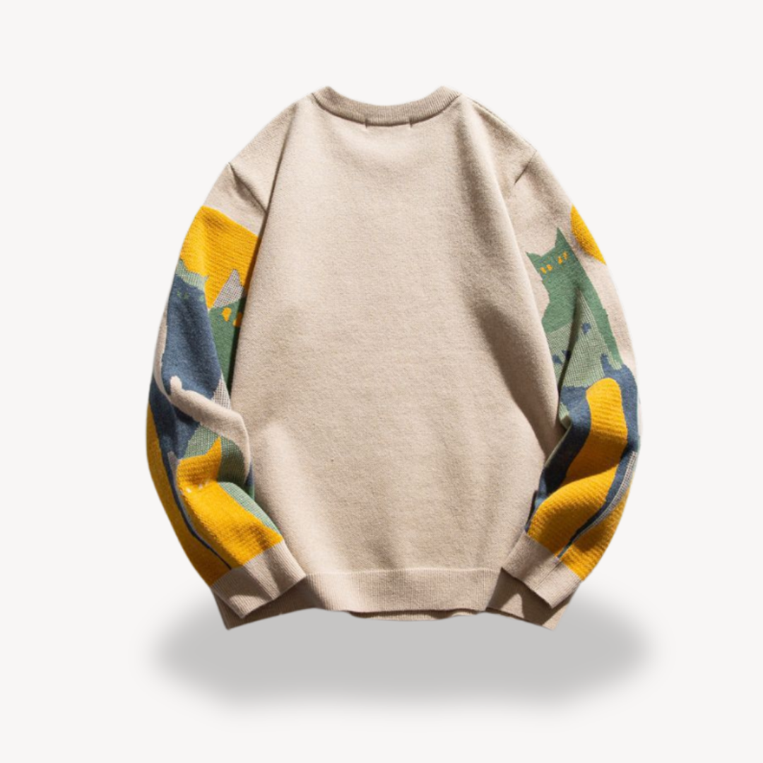 Ellis Fairbanks | Vintage Cat Print Sweater With Ribbed Trim