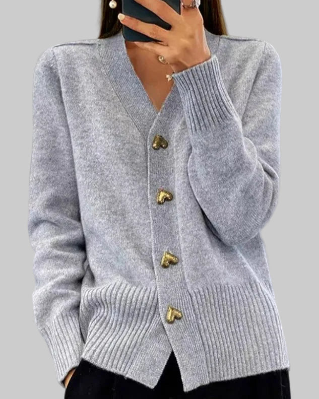 Heart-Button V-Neck Cardigan