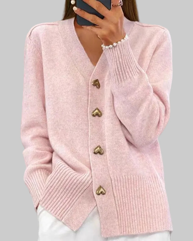 Heart-Button V-Neck Cardigan
