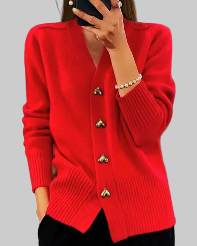 Heart-Button V-Neck Cardigan