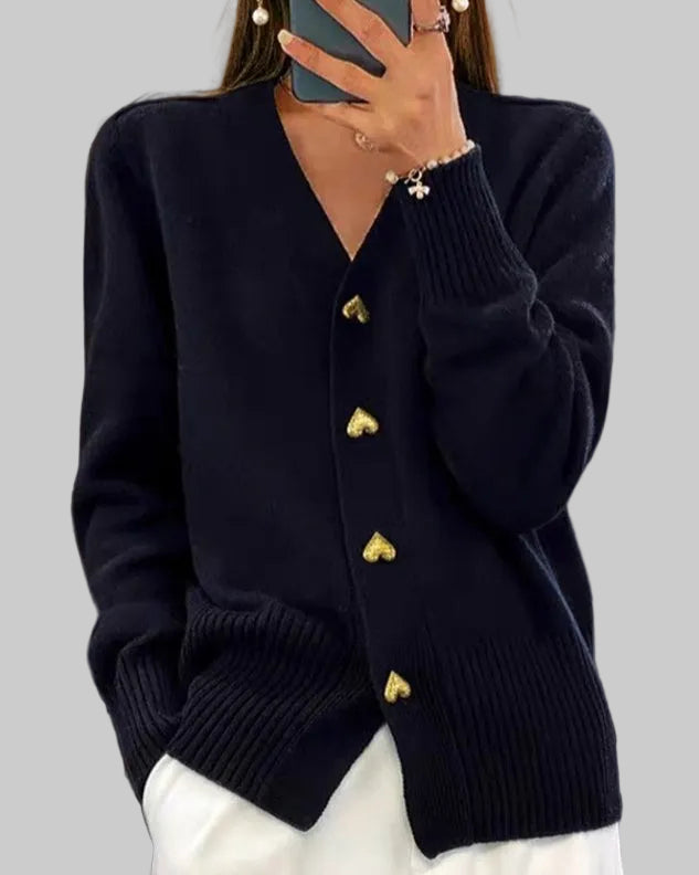 Heart-Button V-Neck Cardigan