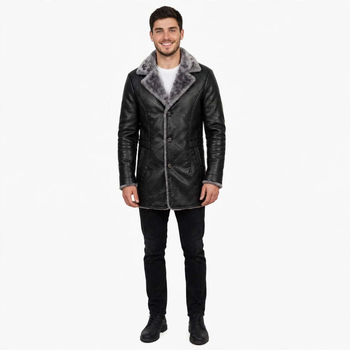 Jasper Dunmore | Faux Leather Mens Coat With Shearling Collar
