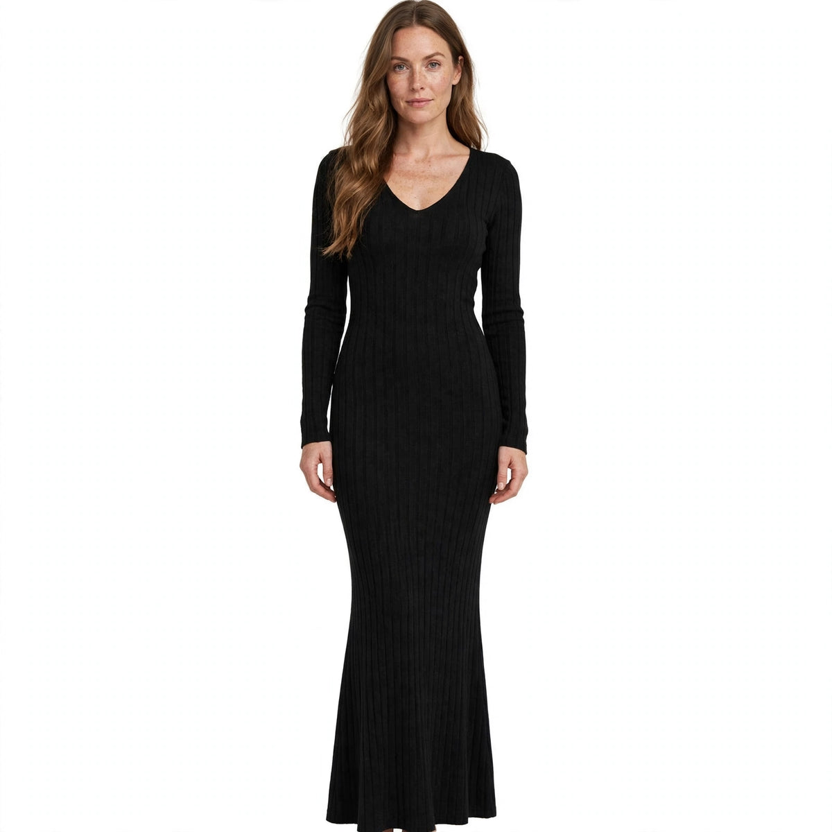 Ophelia Marchbank | Ribbed Knit Maxi Dress With V-Neck Detail