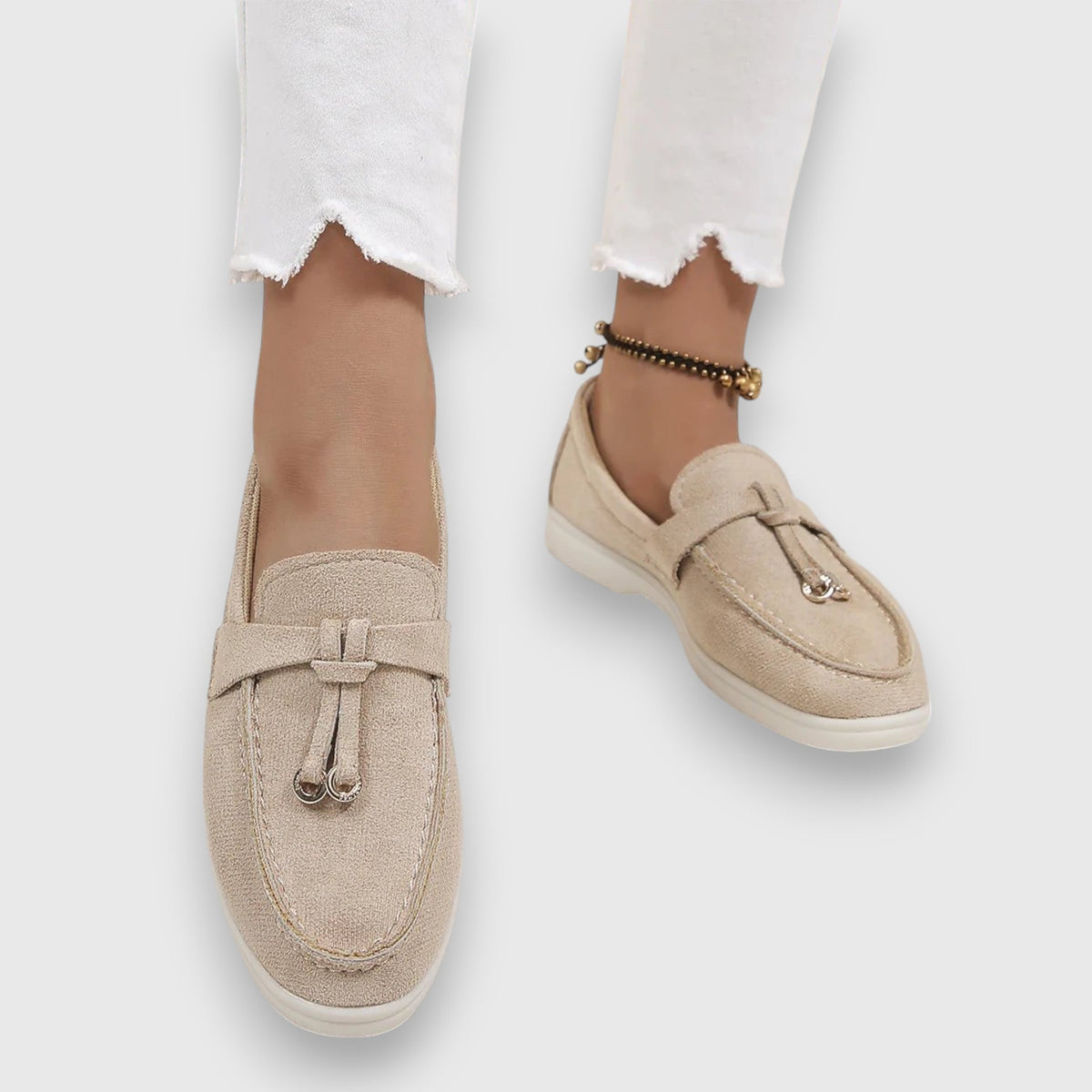 Marianne Doyle | Beige Suede Bow Loafers