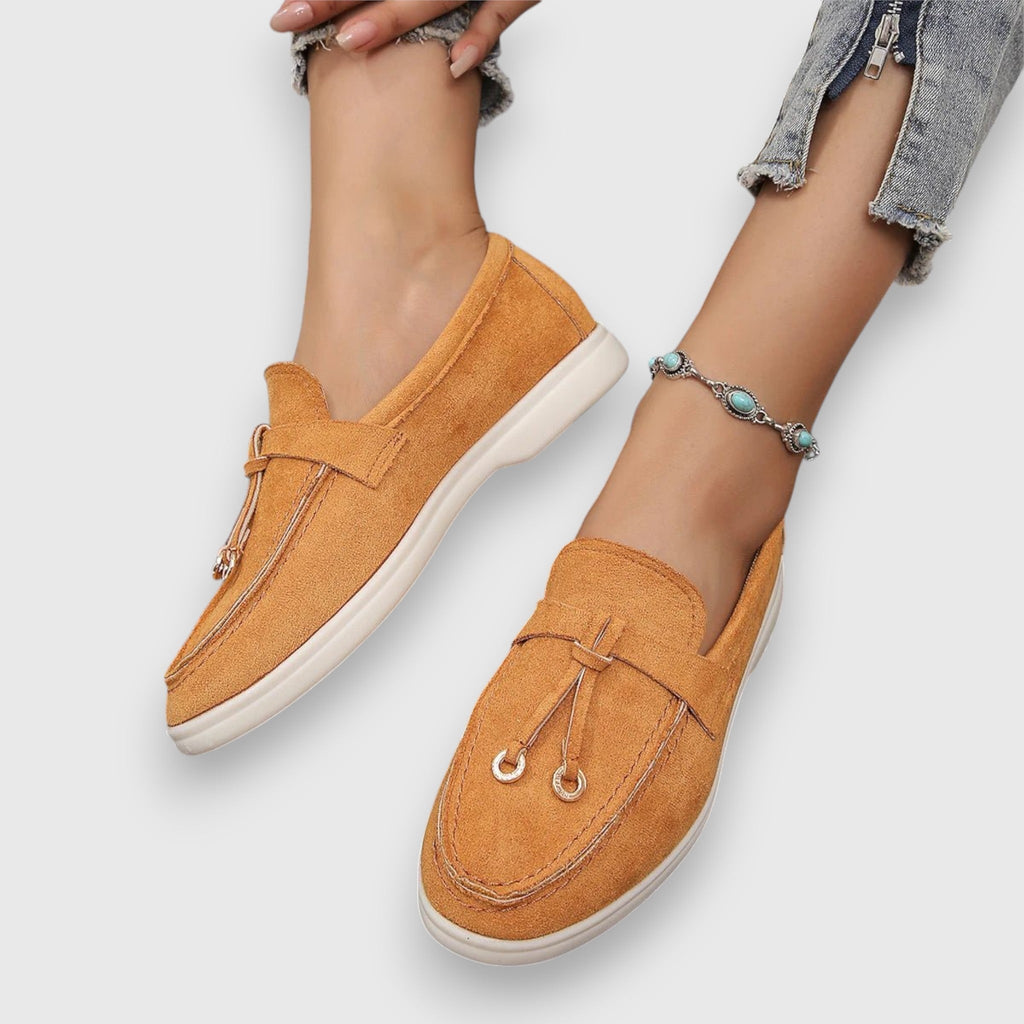 Marianne Doyle | Beige Suede Bow Loafers