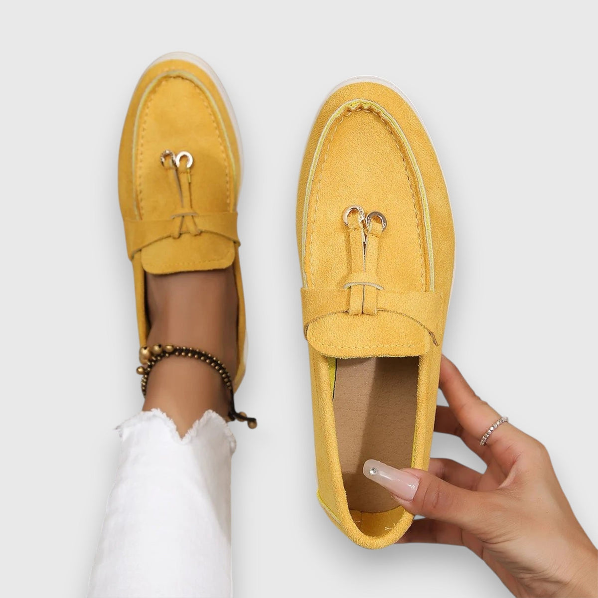 Marianne Doyle | Beige Suede Bow Loafers