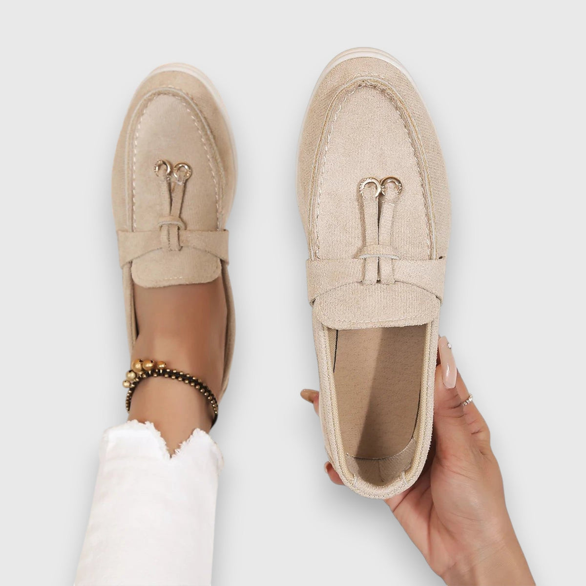 Marianne Doyle | Beige Suede Bow Loafers