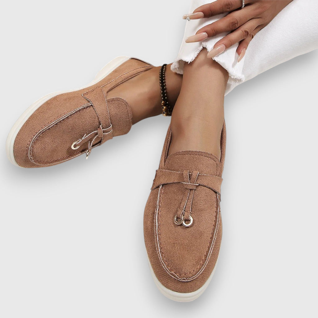 Marianne Doyle | Beige Suede Bow Loafers