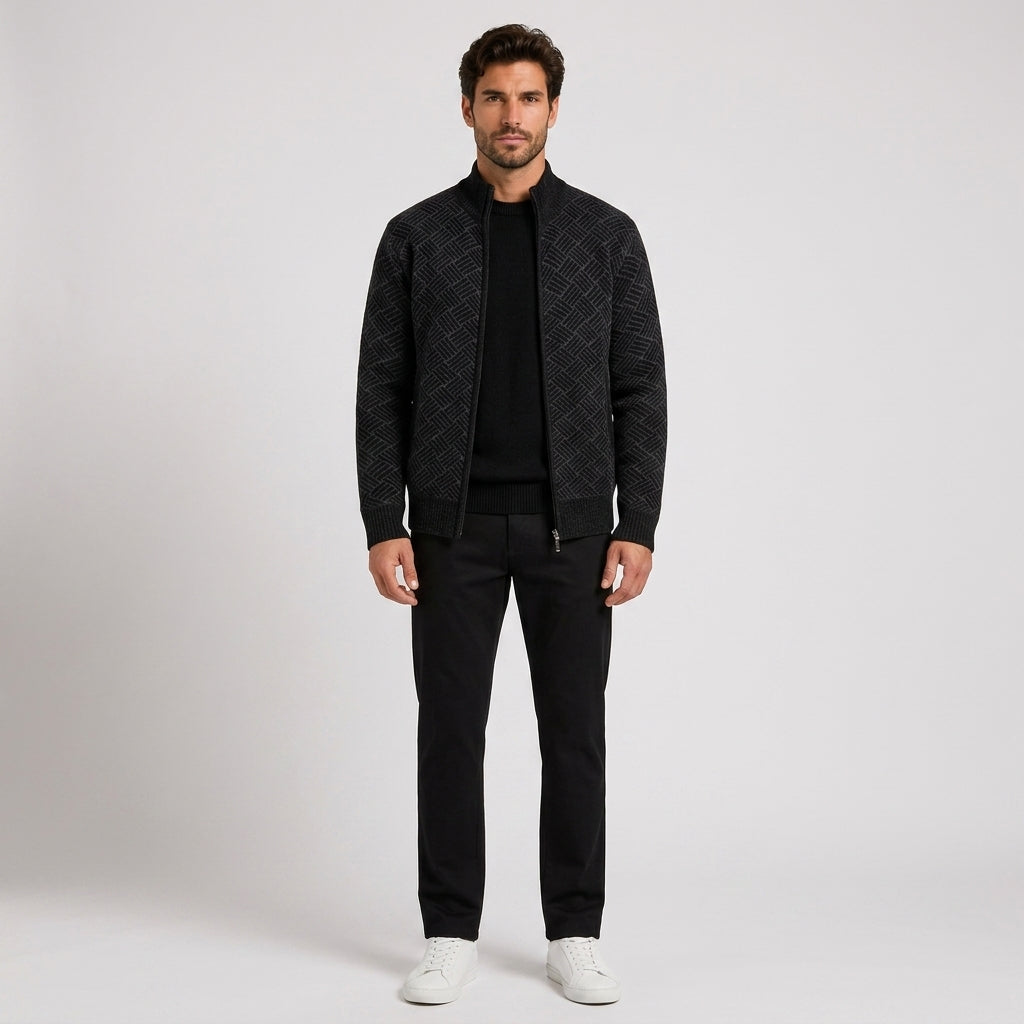 Niall Cooper | Textured Zip-Up Sweater With Stand Collar - Black