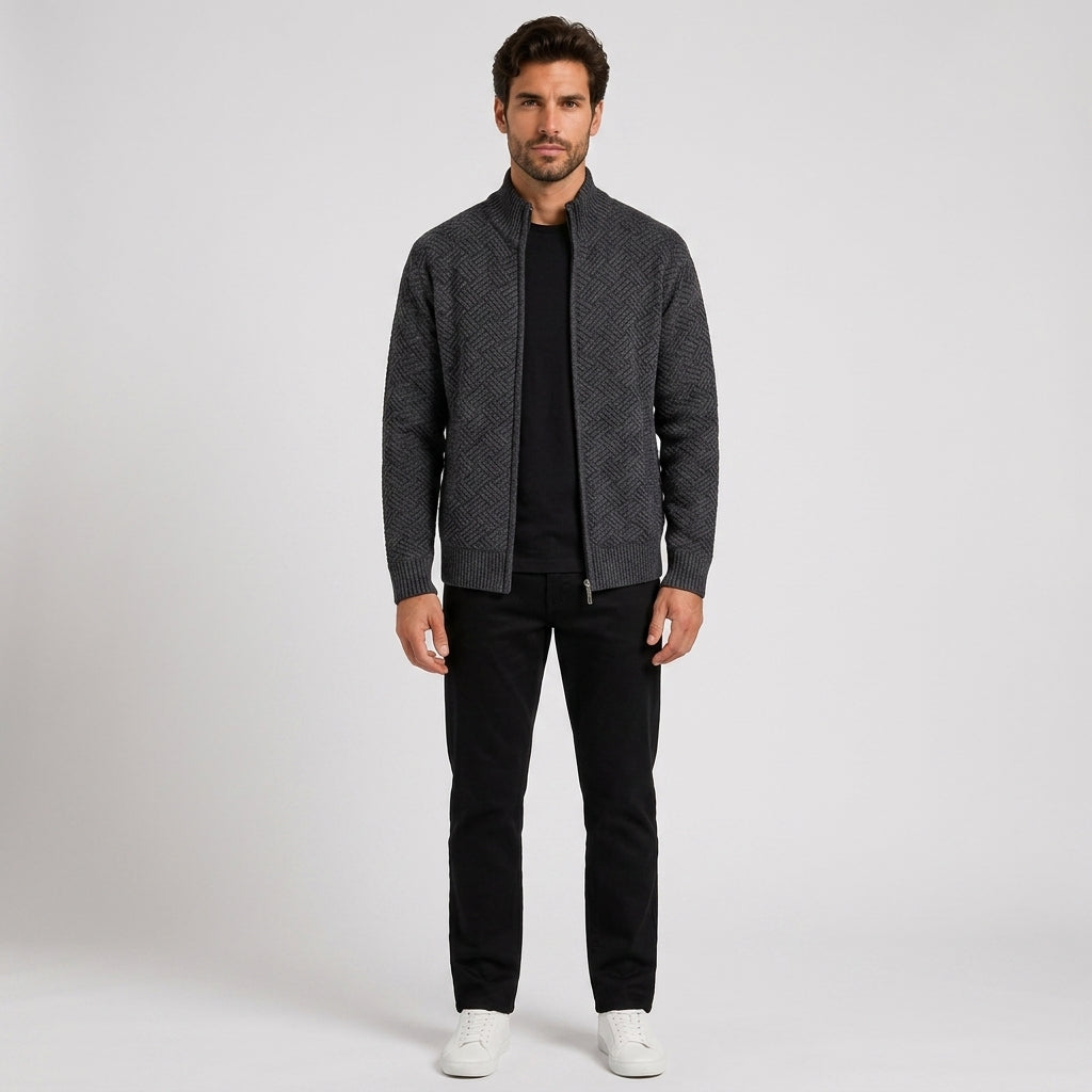 Niall Cooper | Textured Zip-Up Sweater With Stand Collar - Dark Gray