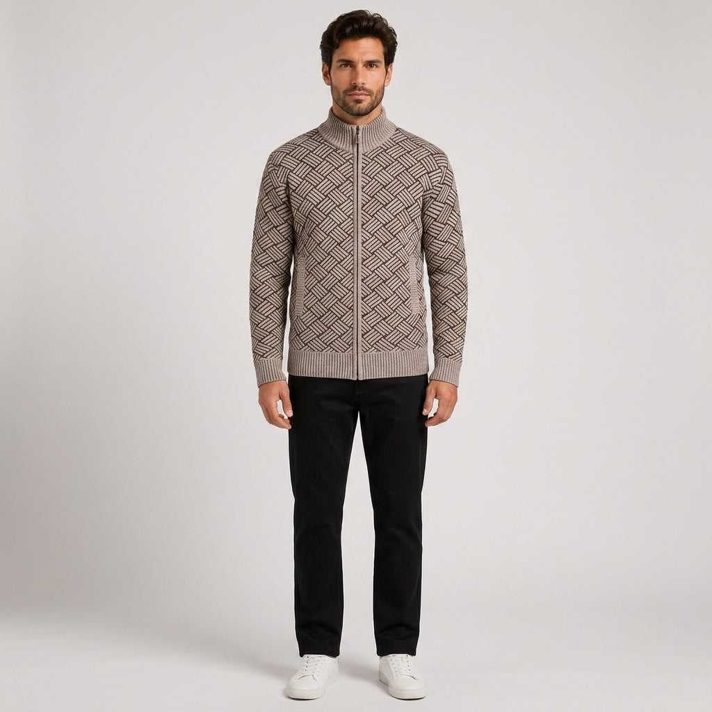 Niall Cooper | Textured Zip-Up Sweater With Stand Collar - Light Gray
