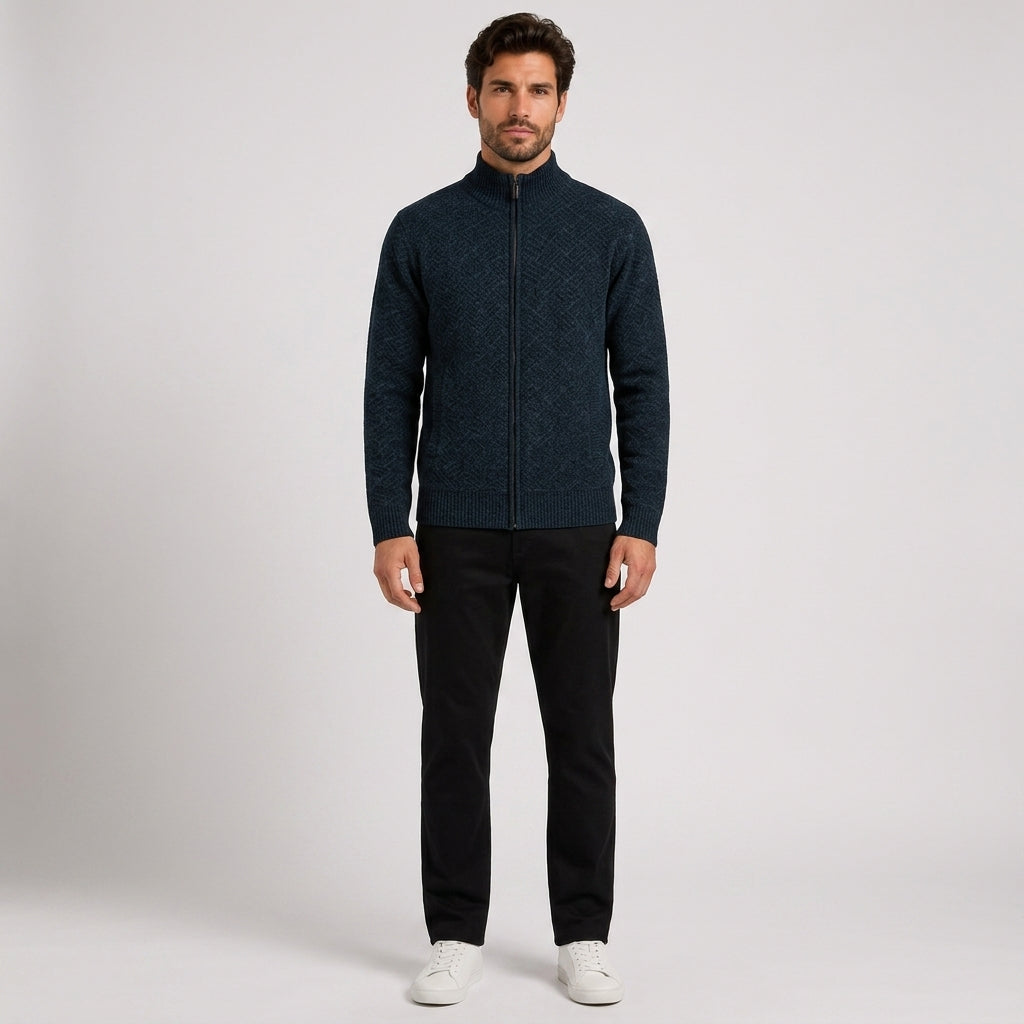 Niall Cooper | Textured Zip-Up Sweater With Stand Collar - Navy Blue