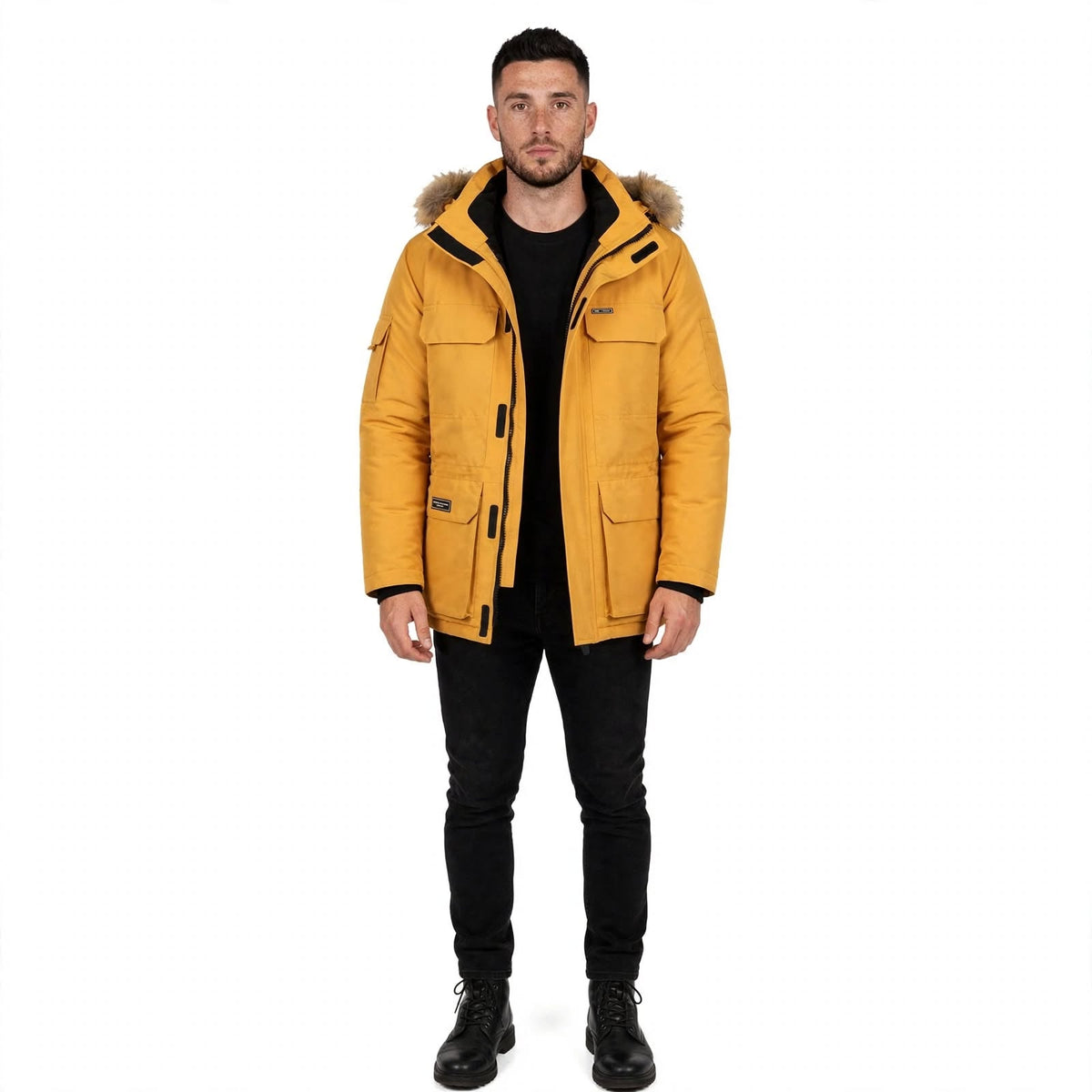 Miles Cavendish | Mustard Padded Mens Jacket With Fur-Trim Hood