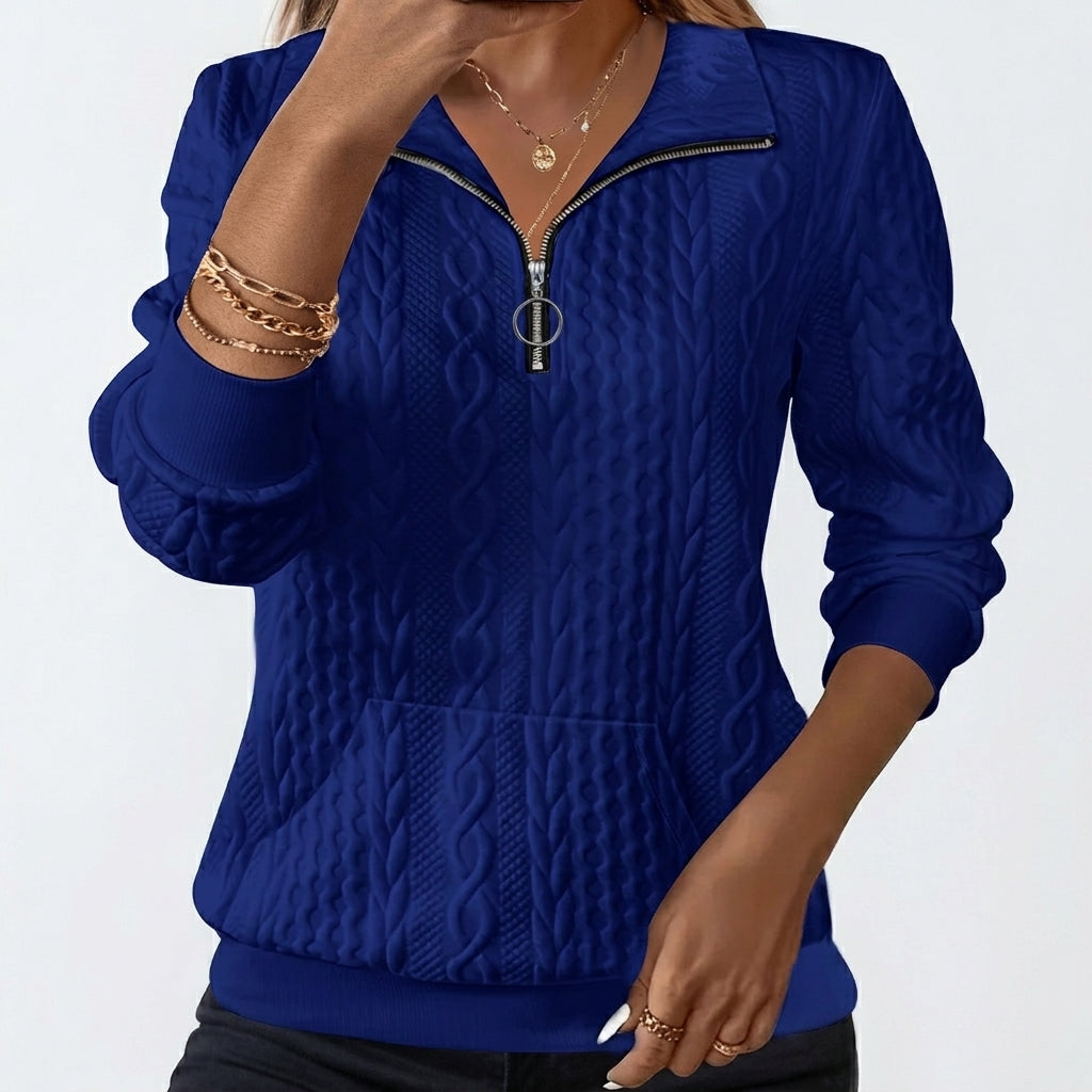 Ophelia Marchbanks | Half-Zip Cable-Knit Pullover with Turn-Down Collar
