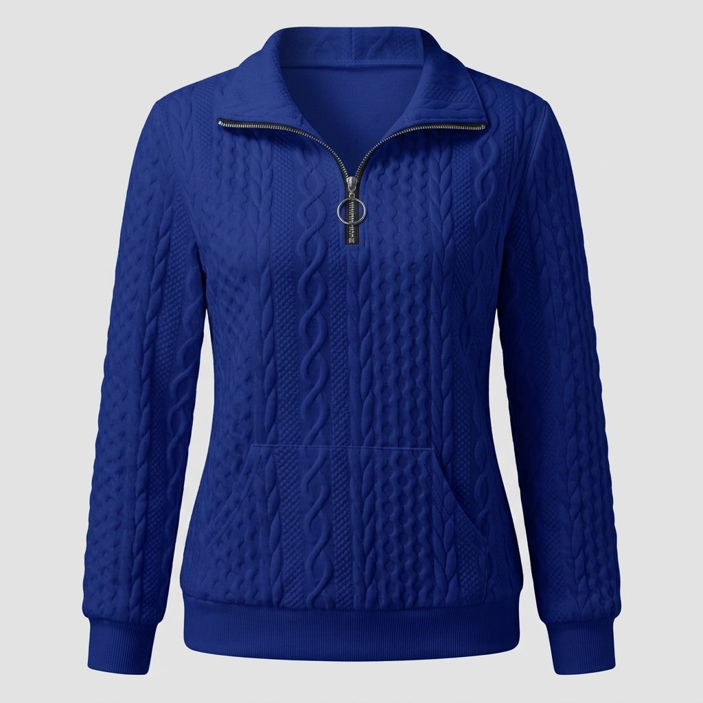 Ophelia Marchbanks | Half-Zip Cable-Knit Pullover with Turn-Down Collar