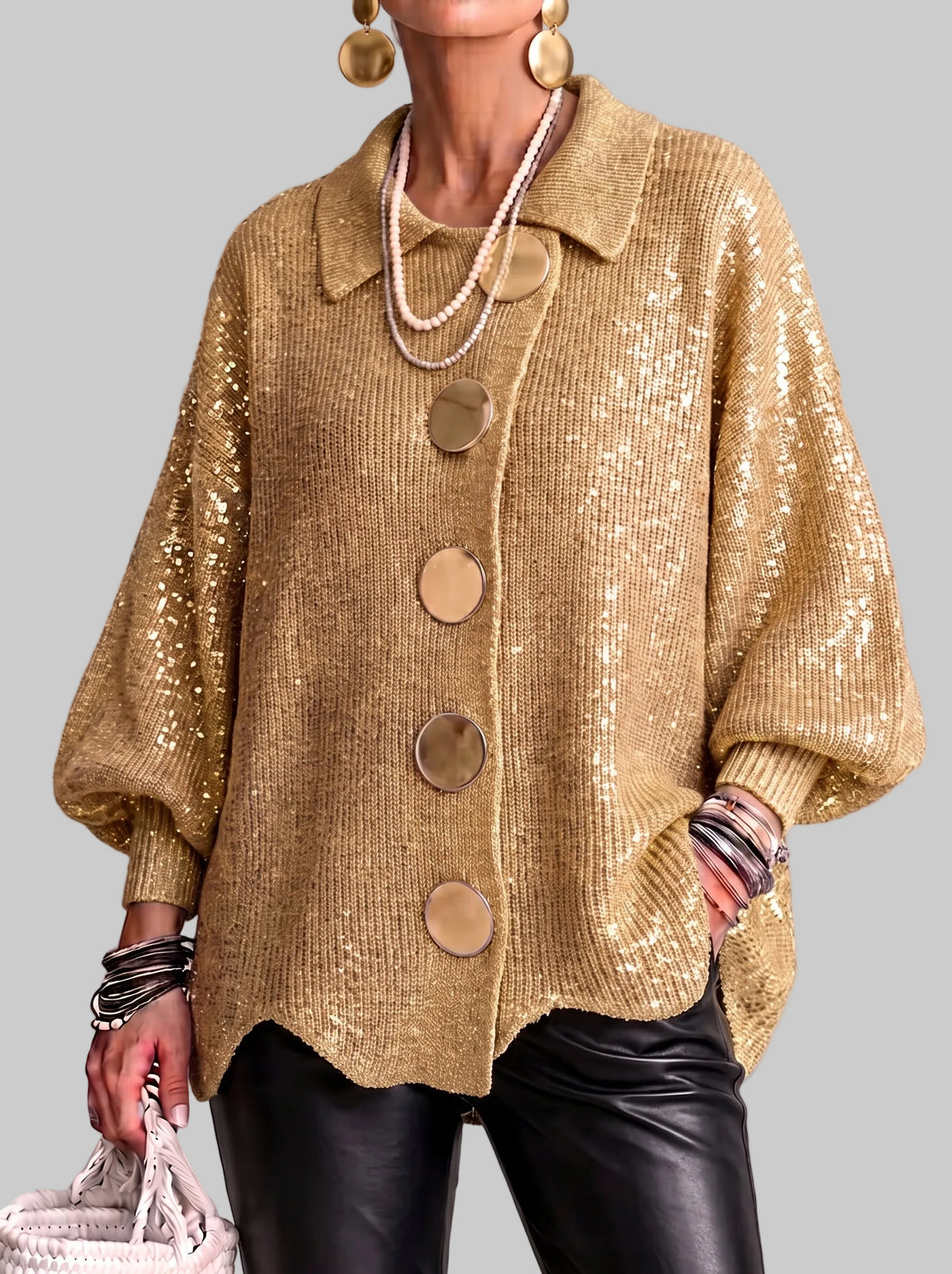Women's Oversized Collared Knitted Cardigan with Large Buttons