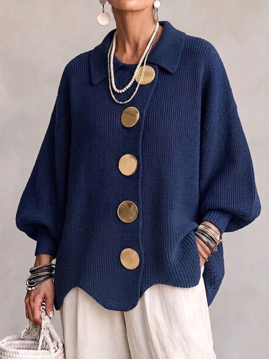 Women's Oversized Collared Knitted Cardigan with Large Buttons
