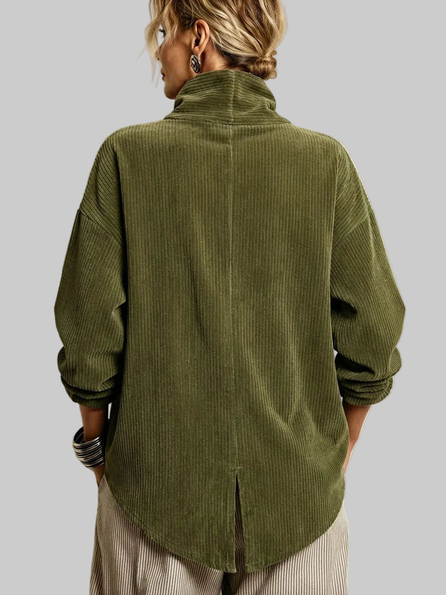 Women's Cotton Blend Corduroy Tunic with High Collar and Asymmetric Button Front