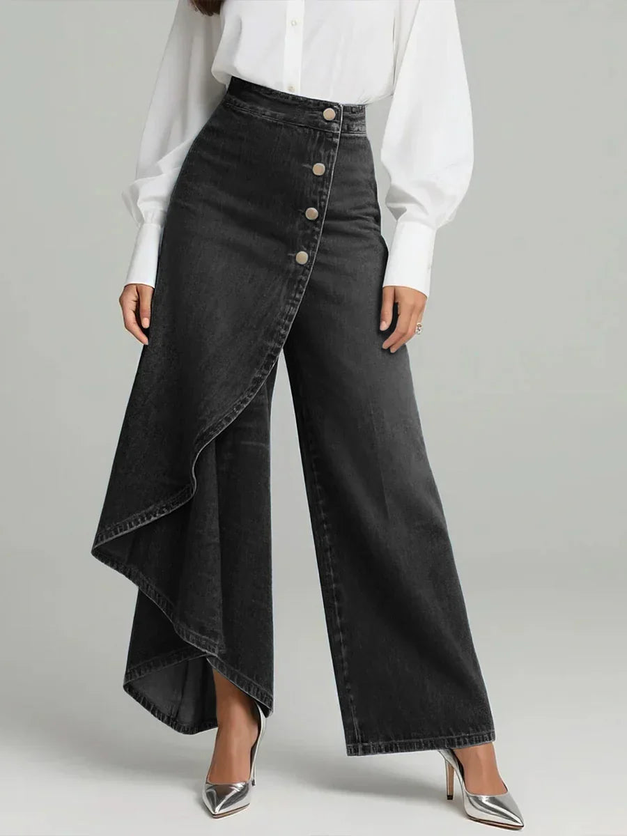 Constance Ridley | High-Waisted Wide-Leg Denim Trousers with Asymmetric Ruffle