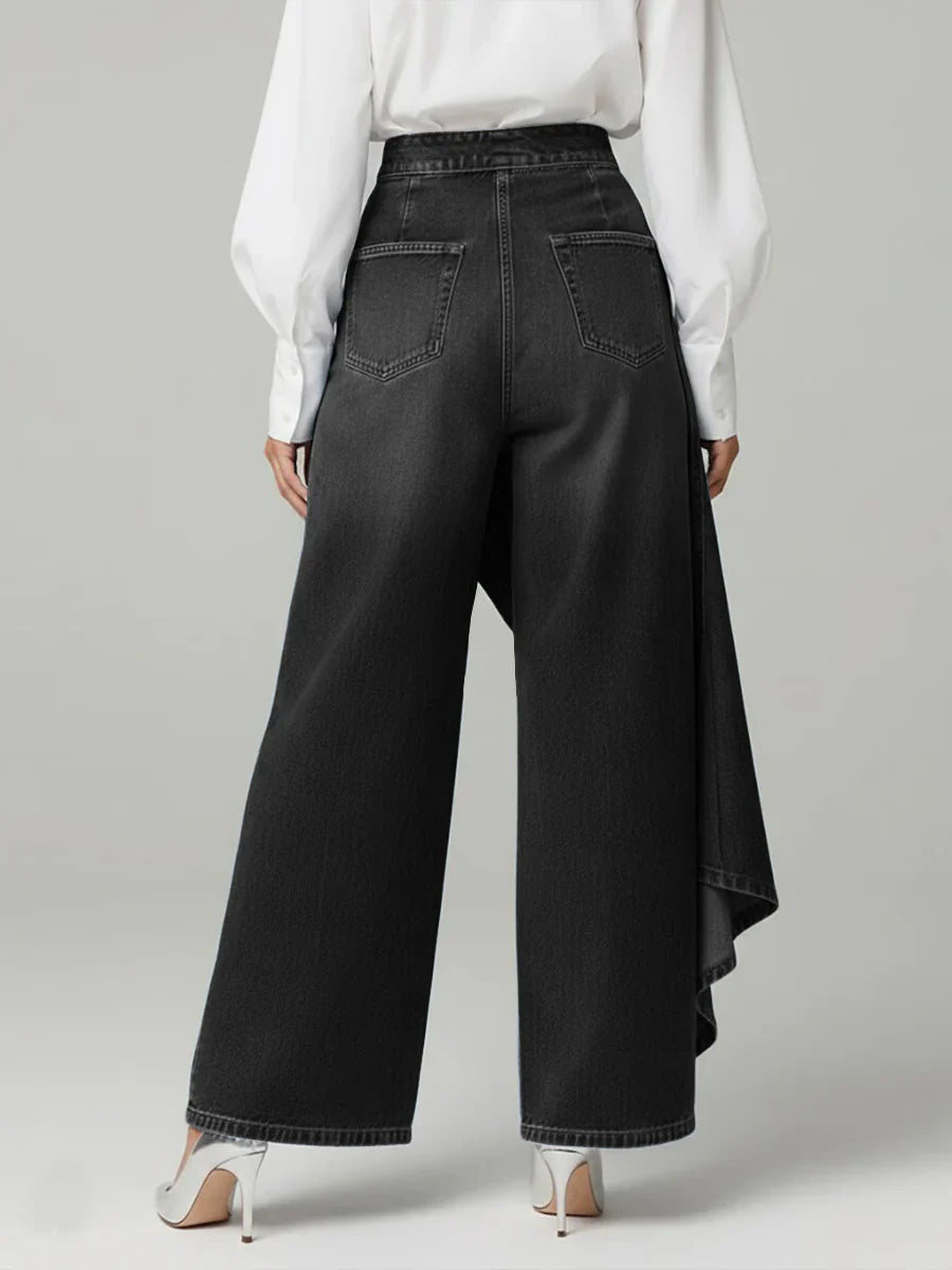 Constance Ridley | High-Waisted Wide-Leg Denim Trousers with Asymmetric Ruffle