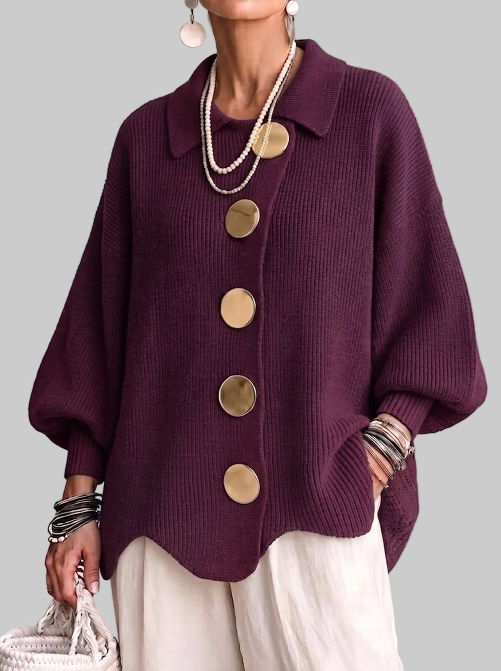 Women's Oversized Collared Knitted Cardigan with Large Buttons