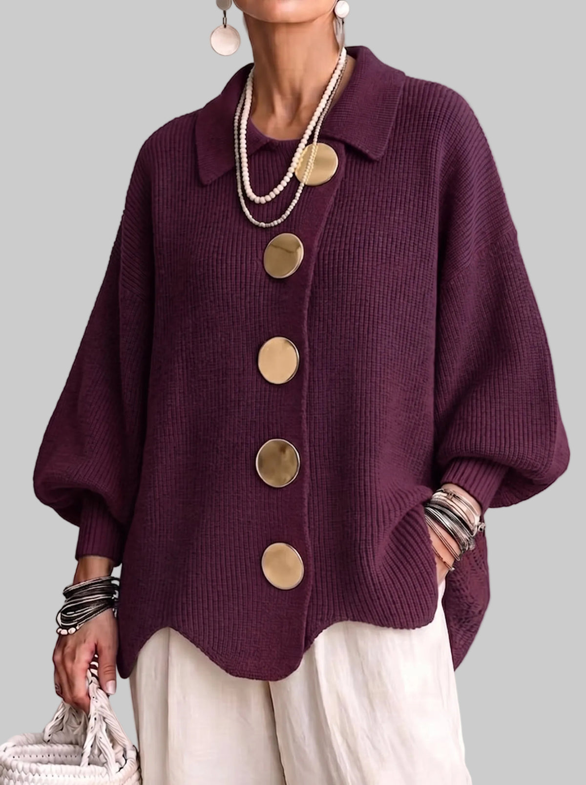 Women's Oversized Collared Knitted Cardigan with Large Buttons