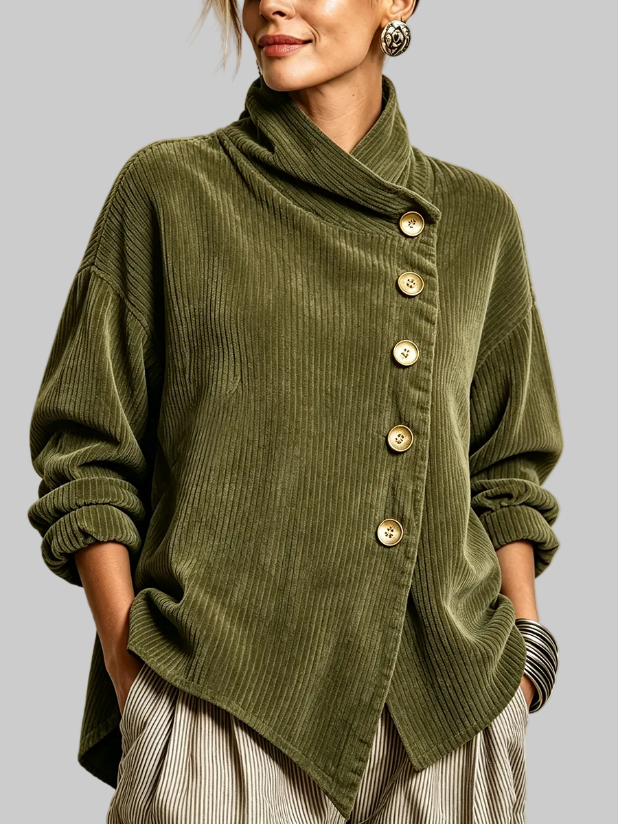 Women's Cotton Blend Corduroy Tunic with High Collar and Asymmetric Button Front