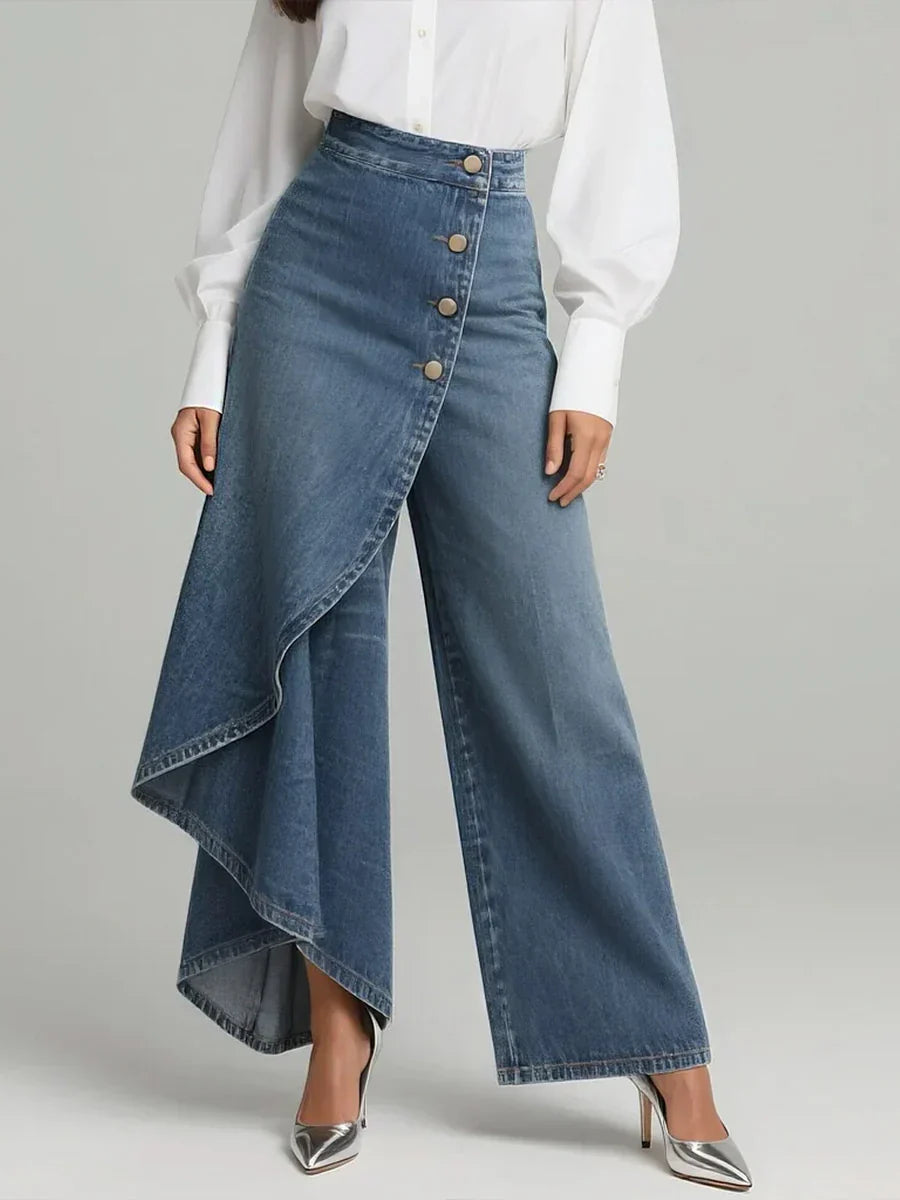 Constance Ridley | High-Waisted Wide-Leg Denim Trousers with Asymmetric Ruffle