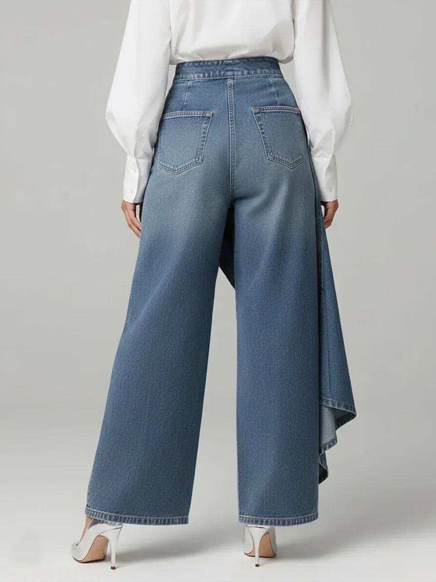 Constance Ridley | High-Waisted Wide-Leg Denim Trousers with Asymmetric Ruffle