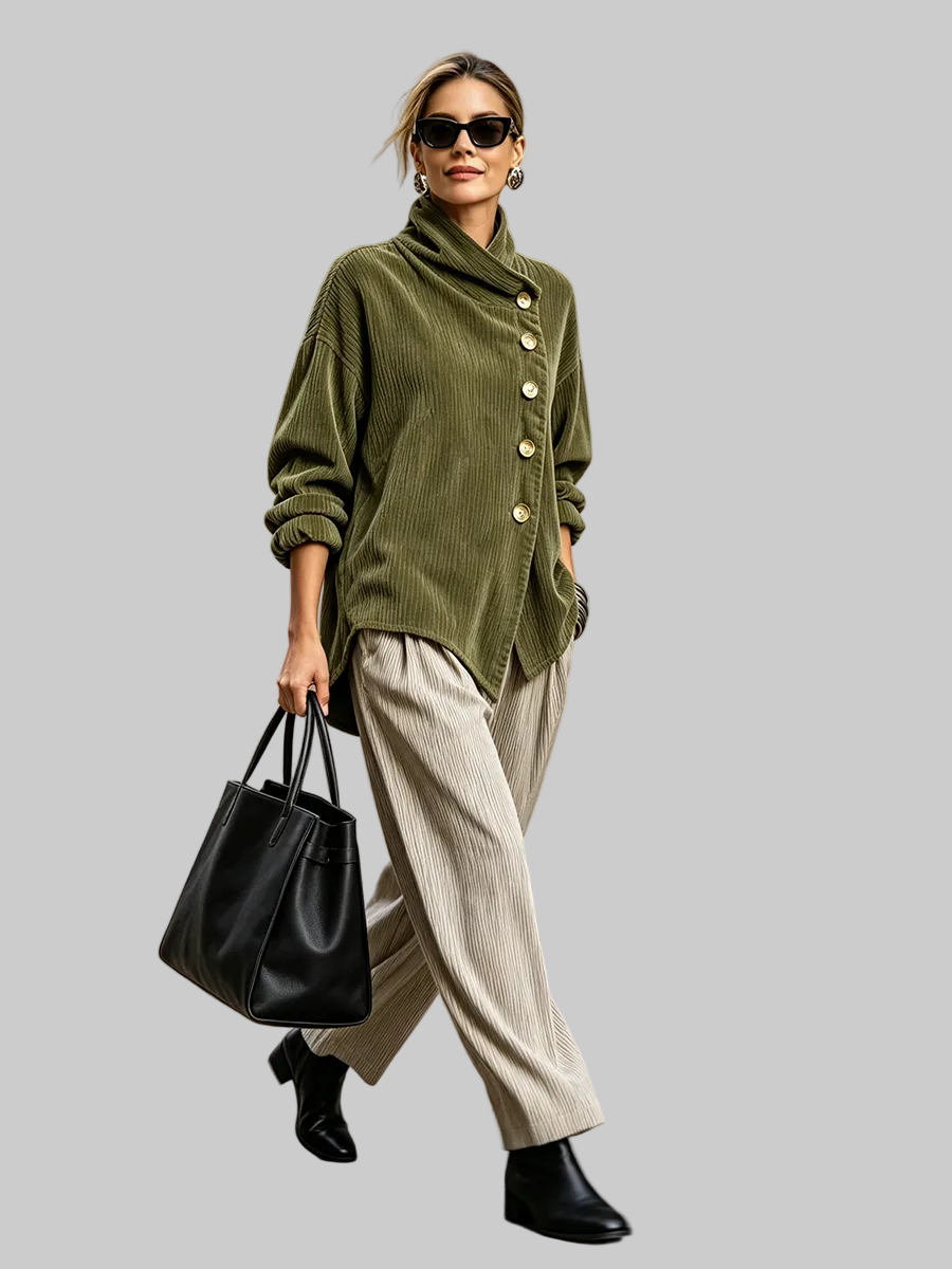 Women's Cotton Blend Corduroy Tunic with High Collar and Asymmetric Button Front