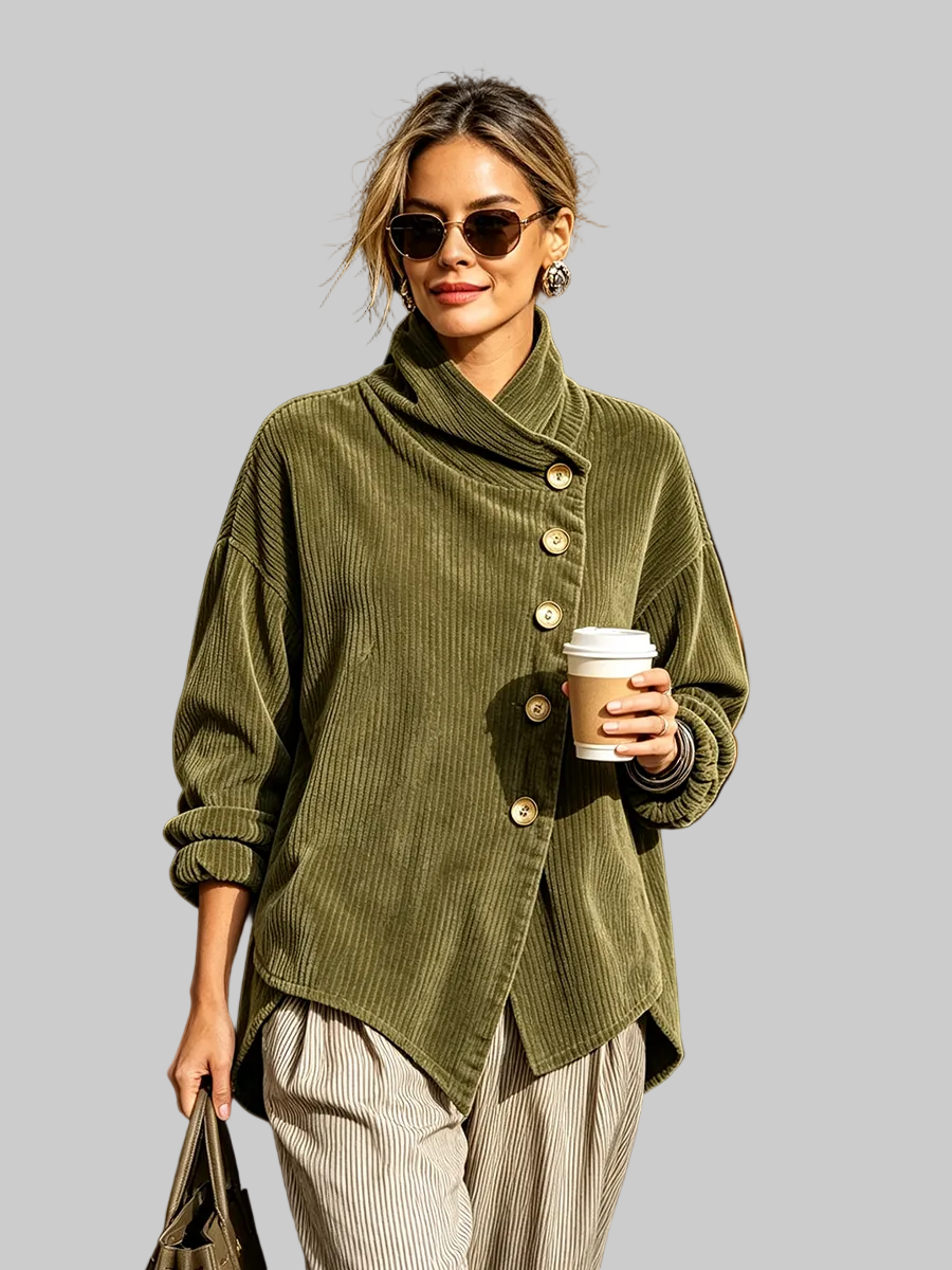Women's Cotton Blend Corduroy Tunic with High Collar and Asymmetric Button Front